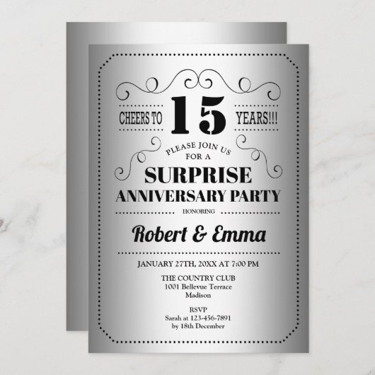 Verjaardagsfeestje ter ere van 15 jaar - Zilver Zw Kaart (Voorkant / Achterkant)