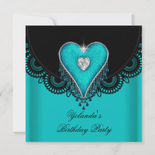 Verjaardagsfeestje Turquoise Hart Zwarte Kant Kaart