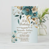 Verjaardagsfeestje Turquoise witte bloem gouden bl Kaart (Staand voorkant)