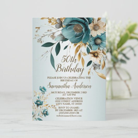 Verjaardagsfeestje Turquoise witte bloem gouden bl Kaart (Staand voorkant)