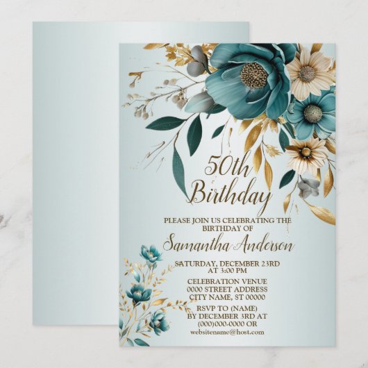 Verjaardagsfeestje Turquoise witte bloem gouden bl Kaart (Voorkant / Achterkant)