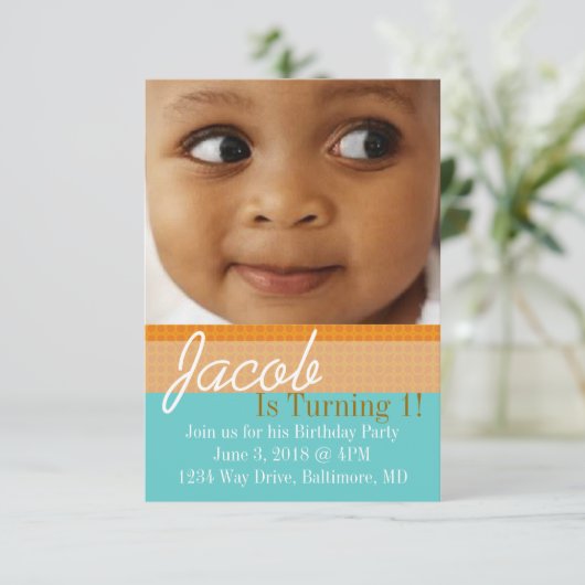 Verjaardagsfeestje uitnodigen | B-Day Blauw Sinaas Kaart (Staand voorkant)