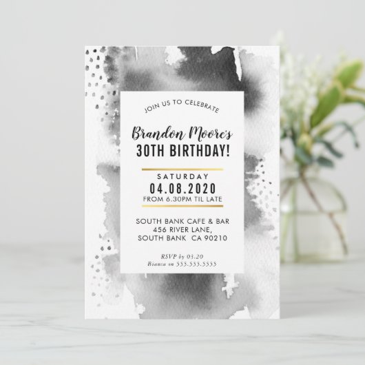 VERJAARDAGSFEESTJE UITNODIGEN Modern waterverf gri Kaart (Staand voorkant)