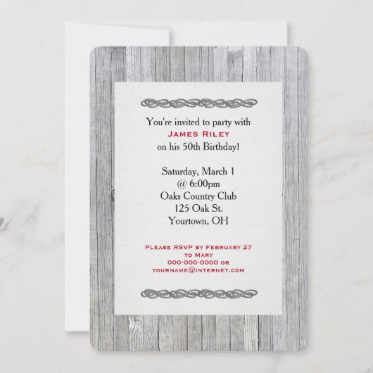 verjaardagsfeestje uitnodigen op verweerd hout kaart (Voorkant)