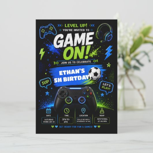 Verjaardagsfeestje Uitnodiging Level Up Game On (Staand voorkant)