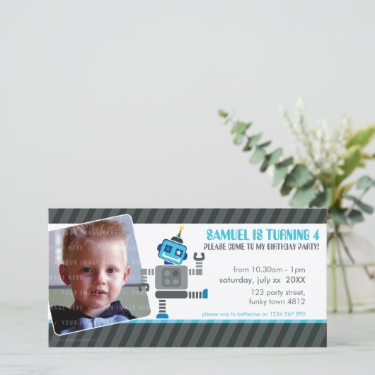 VERJAARDAGSFEESTJE UITNODIGING MET FOTO :: robot a (Staand voorkant)