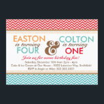 Verjaardagsfeestje Uitnodiging voor Chevron (Jonge<br><div class="desc">Onze Sibling Chevron (Boys) verjaardagsfeestje uitnodiging is perfect voor twee kinderen van verschillende leeftijden met een feestje! Dit ontwerp heeft een koel rood,  aqua en oranje kleurenschema en chevronpatronen en alle tekst is volledig aanpasbaar. Dit is de perfecte uitnodiging voor een broer of zus,  vriend of gezamenlijke verjaardagsfeest vieren.</div>