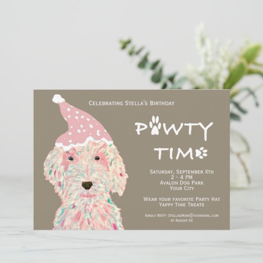 Verjaardagsfeestje uitnodiging voor honden (Pawty  (Staand voorkant)