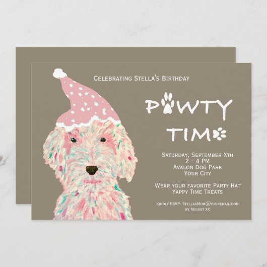 Verjaardagsfeestje uitnodiging voor honden (Pawty  (Voorkant / Achterkant)