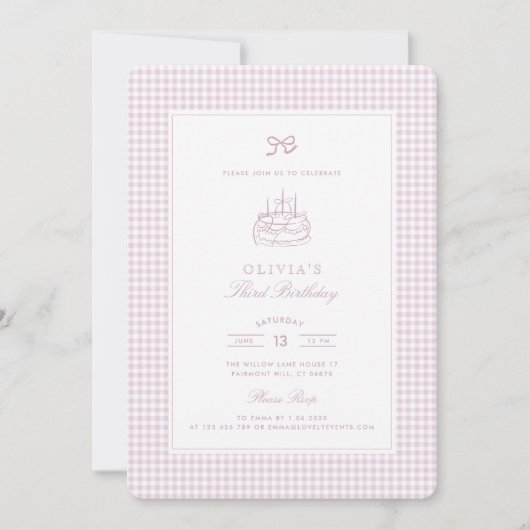 Verjaardagsfeestje uitnodiging voor Roze Gingham m (Voorkant)