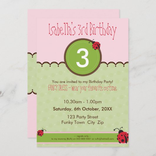 VERJAARDAGSFEESTJE UITNODIGT :: ladybird 4P Kaart (Voorkant / Achterkant)