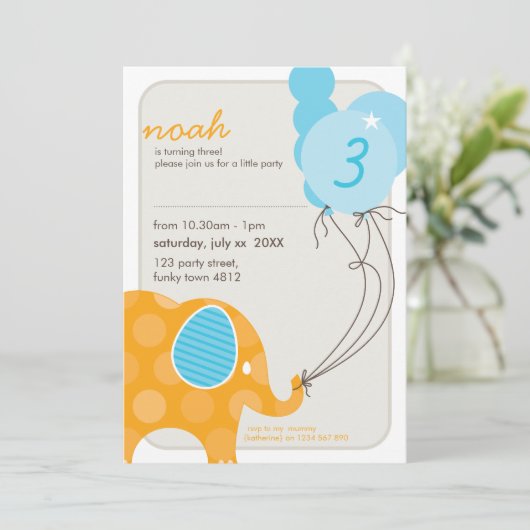 VERJAARDAGSFEESTJE UITNODIGT:: olifant + ballonnen Kaart (Staand voorkant)