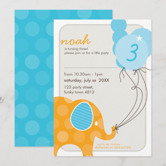 VERJAARDAGSFEESTJE UITNODIGT:: olifant + ballonnen Kaart (Voorkant / Achterkant)