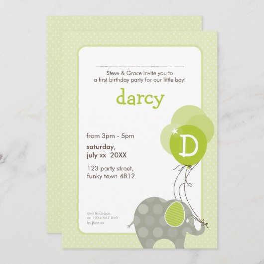 VERJAARDAGSFEESTJE UITNODIGT:: olifant + ballonnen Kaart (Voorkant / Achterkant)