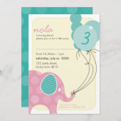 VERJAARDAGSFEESTJE UITNODIGT:: olifant + ballonnen Kaart (Voorkant / Achterkant)