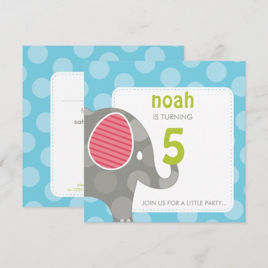 VERJAARDAGSFEESTJE UITNODIGT :: olifant + nummer 4 Kaart (Voorkant / Achterkant)