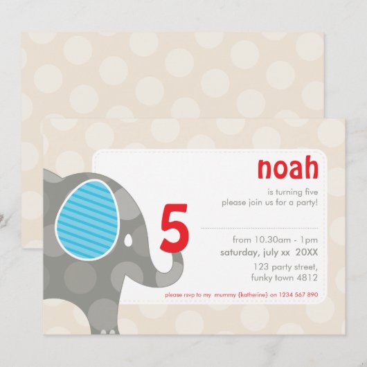 VERJAARDAGSFEESTJE UITNODIGT :: olifant + nummer 4 Kaart (Voorkant / Achterkant)
