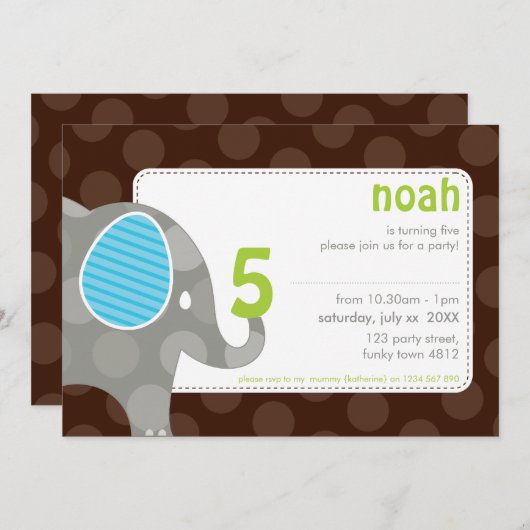 VERJAARDAGSFEESTJE UITNODIGT :: olifant + nummer 7 Kaart (Voorkant / Achterkant)