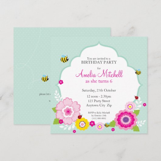 VERJAARDAGSFEESTJE UITNODIGT :: tuinbloemen 2 Kaart (Voorkant / Achterkant)