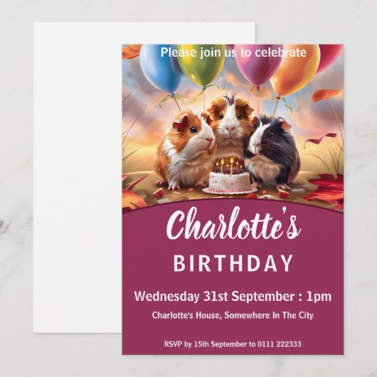 Verjaardagsfeestje van cavia's kaart (Voorkant / Achterkant)