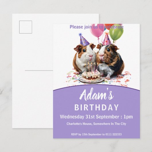 Verjaardagsfeestje van cavia's uitnodiging briefkaart (Voorkant / Achterkant)