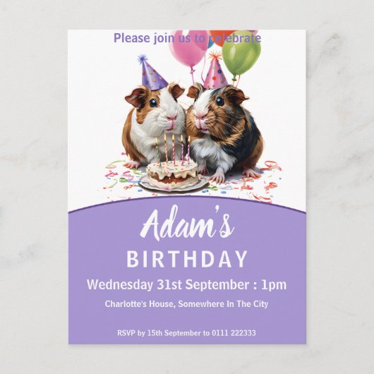 Verjaardagsfeestje van cavia's uitnodiging briefkaart (Voorkant)