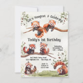 Verjaardagsfeestje van een lief babyrood-panda-bee kaart (Voorkant)