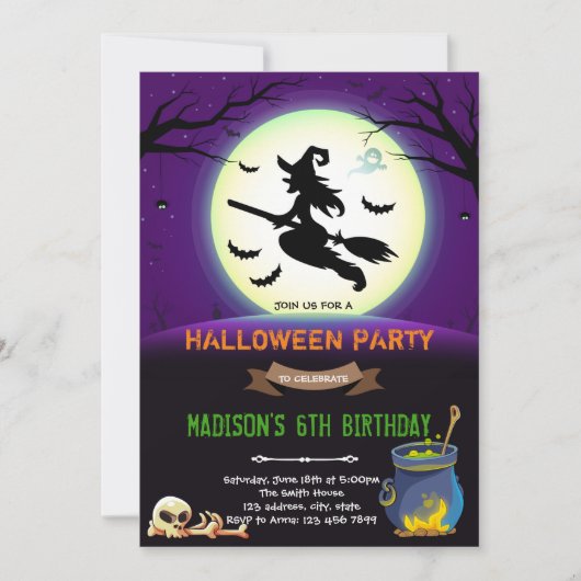 Verjaardagsfeestje van heks Halloween Kaart (Voorkant)