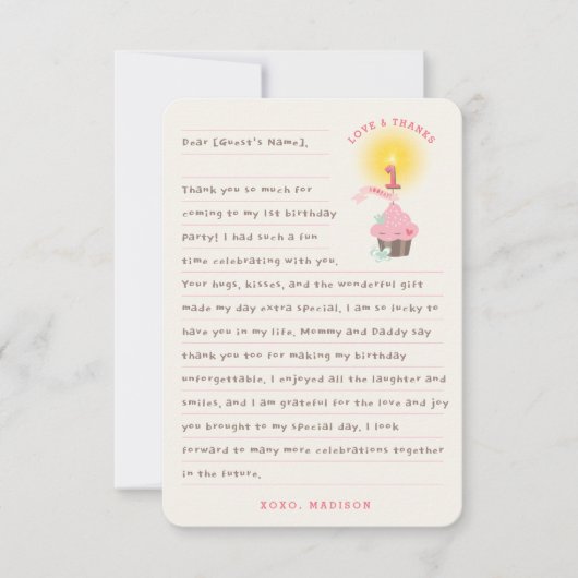 Verjaardagsfeestje van Kleine Miss Roze Cupcake Me Bedankkaart (Voorkant)