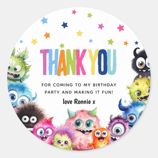 Verjaardagsfeestje van Monsters Bedankt Ronde Sticker (Voorkant)