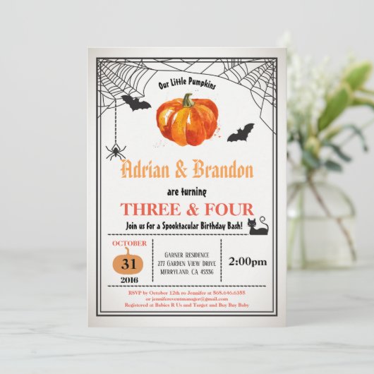 Verjaardagsfeestje van pompoen broers en zussen me kaart (Staand voorkant)