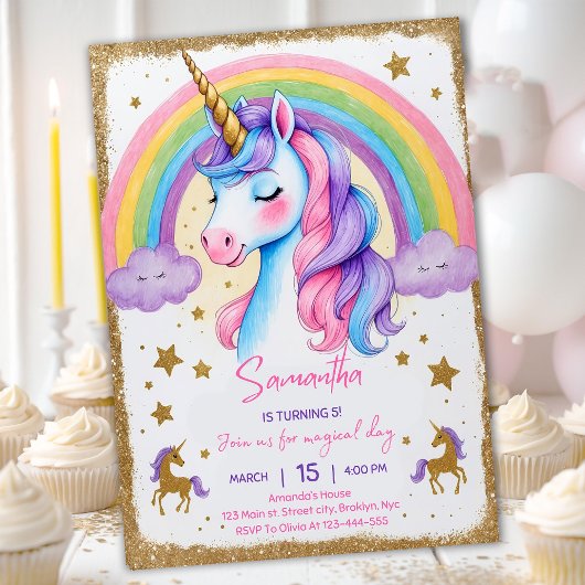 Verjaardagsfeestje van Unicorn Rainbow Girl Kaart