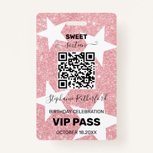Verjaardagsfeestje VIP PASS Star Pink Glitter Badge (Voorkant)