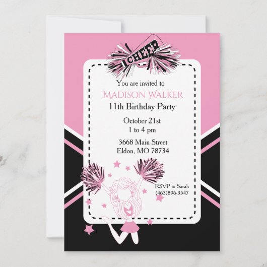 Verjaardagsfeestje voor cheerleader in roze, zwart kaart (Voorkant)