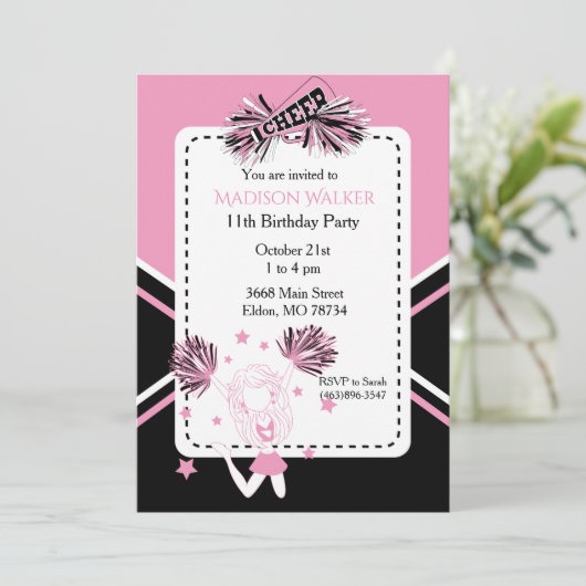 Verjaardagsfeestje voor cheerleader in roze, zwart kaart (Staand voorkant)