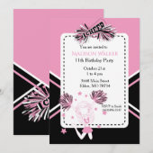 Verjaardagsfeestje voor cheerleader in roze, zwart kaart (Voorkant / Achterkant)