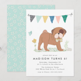 Verjaardagsfeestje voor Cute Bowtie Pug Kaart