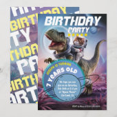 Verjaardagsfeestje voor dinosaurus en kat astronau kaart (Voorkant / Achterkant)