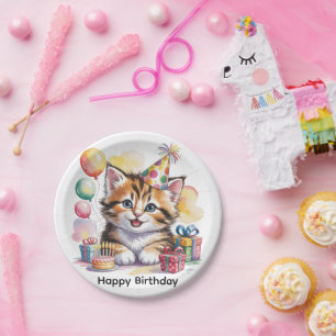 Verjaardagsfeestje voor een schattig katje papieren bordje