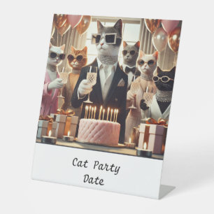 Verjaardagsfeestje voor katten op tennisbaan reclamebord met voetstuk