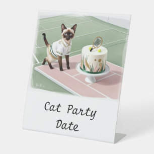 Verjaardagsfeestje voor katten op tennisbaan reclamebord met voetstuk