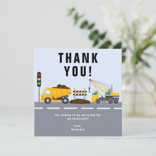 Verjaardagsfeestje voor kinderen met bouwwerktuig bedankkaart (Staand voorkant)