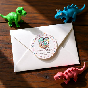 Verjaardagsfeestje voor kleine dinokinderen ronde sticker