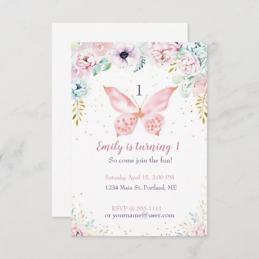 verjaardagsfeestje voor pastflorale en vlindervlie kaart (Voorkant / Achterkant)