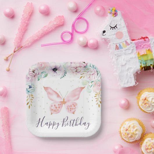 verjaardagsfeestje voor pastflorale en vlindervlie papieren bordje (Feest)
