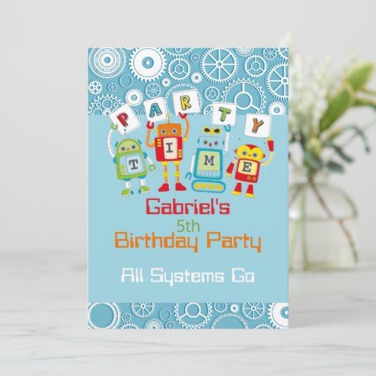 Verjaardagsfeestje voor robot en gear kind kaart (Staand voorkant)