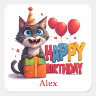 Verjaardagsfeestje voor schattige kitty 🥳 vierkante sticker