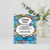 Verjaardagsfeestje voor stripboek-superheld in het bedankkaart (Staand voorkant)