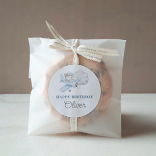 Verjaardagsfeestje voor vliegtuig en teddybeer ronde sticker