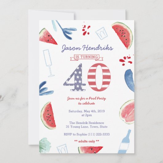 Verjaardagsfeestje voor volwassenen bij het zwemba kaart (Voorkant)